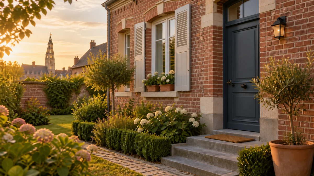 Maison en briques rouges du Nord avec jardin, lumière chaude