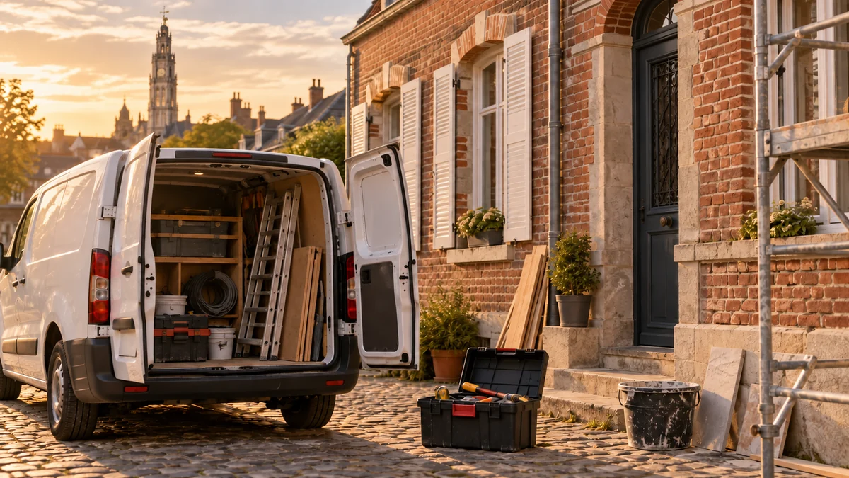 Camionnette d'artisan devant une façade en briques d'Arras