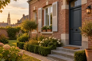 Maison en briques rouges du Nord avec jardin, lumière chaude