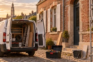 Camionnette d'artisan devant une façade en briques d'Arras