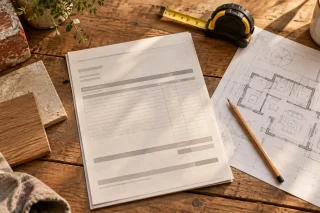 Comparer des devis d'artisans, plan et mètre sur une table