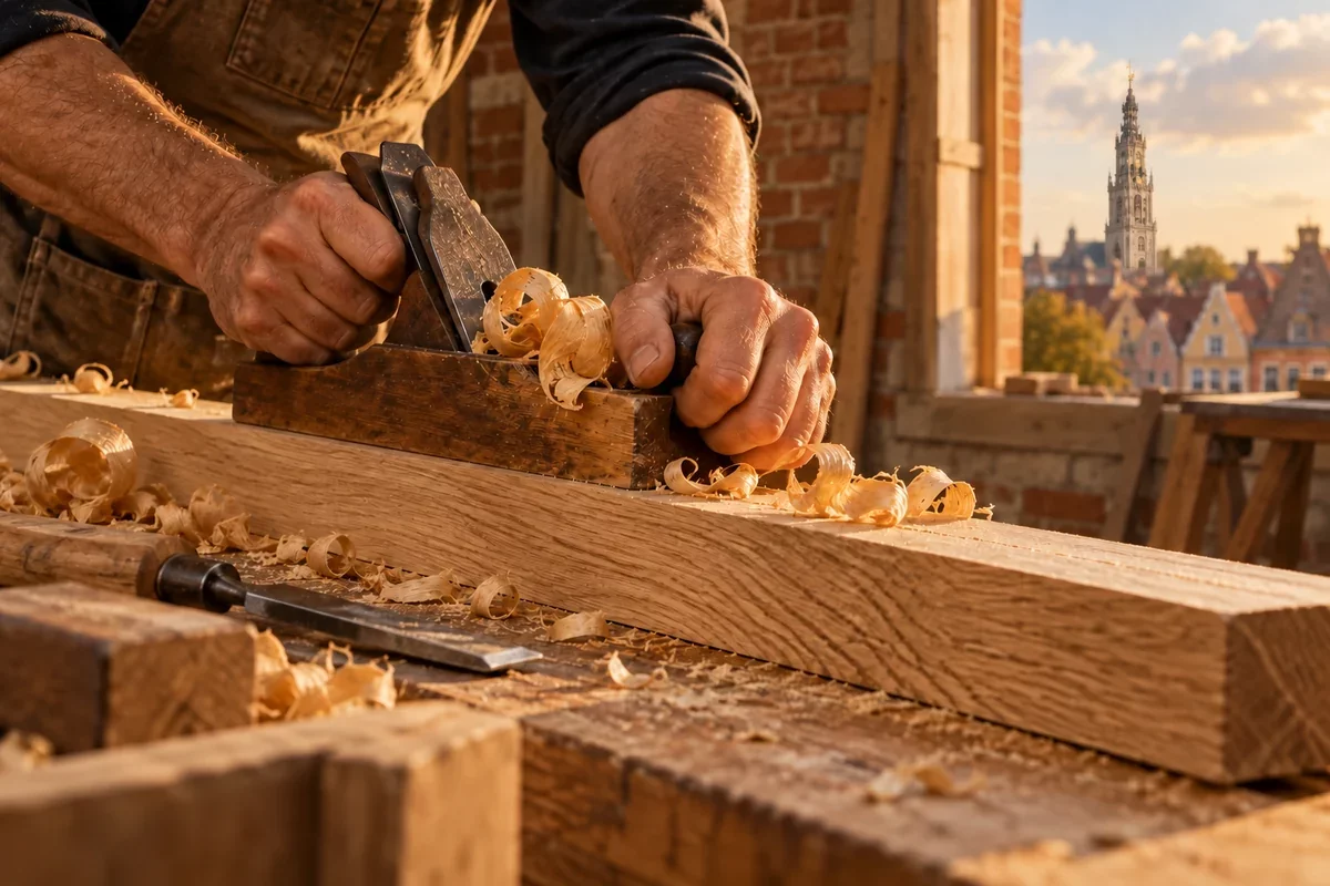 Menuisier travaillant le bois sur un établi à Arras